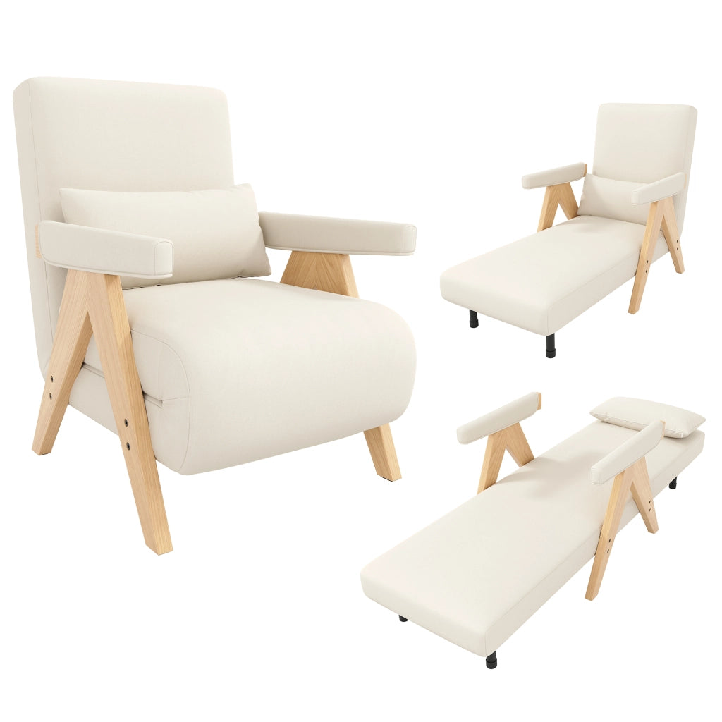 Poltrona letto 3 in 1 con schienale regolabile a 6 posizioni cuscino lombare in lino beige e struttura in metallo