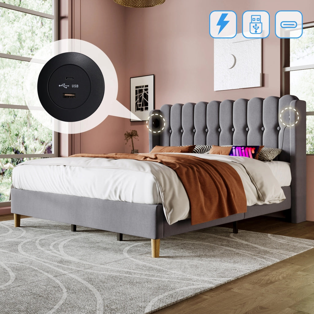 Letto imbottito 180x200 cm con ricarica USB e Type-C; lino grigio (Senza materasso)