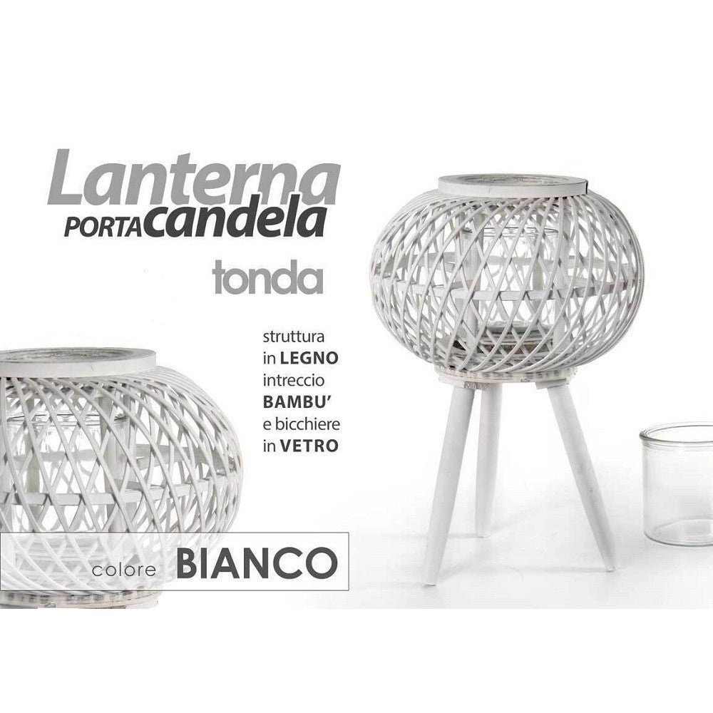 Trade Shop - Lanterna Portacandela Con Piedi Tonda 17x46cm In Legno Bambù Vetro Bianco 777929 -