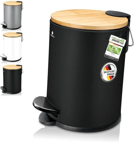 Cassetto di raccolta rifiuti per vasca da bagno 3L, materiale in bambù antislip, coperchio in acciaio inox con chiusura soft-close.