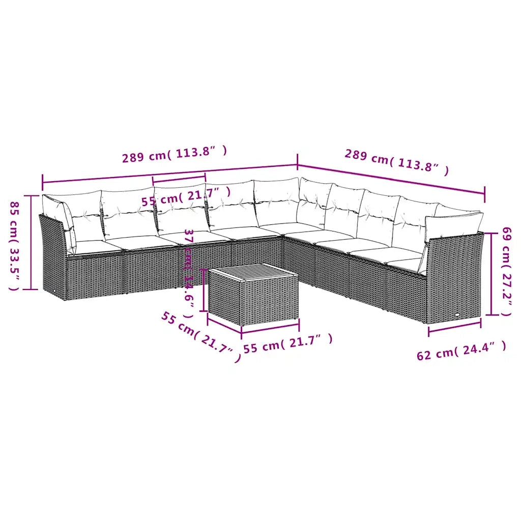 Set Divani da Giardino 10 pz con Cuscini Grigio in Polyrattan 3256026