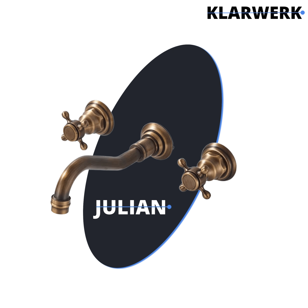 JULIAN | Rubinetto da bagno vintage a 3 fori montato a parete in ottone dorato | Lavello in acciaio inossidabile retrò da cucina Antico | 2 maniglie