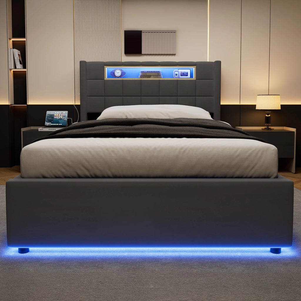 Letto singolo imbottito 90 x 200 cm in velluto grigio con contenitore idraulico, LED e porte USB/Type-C