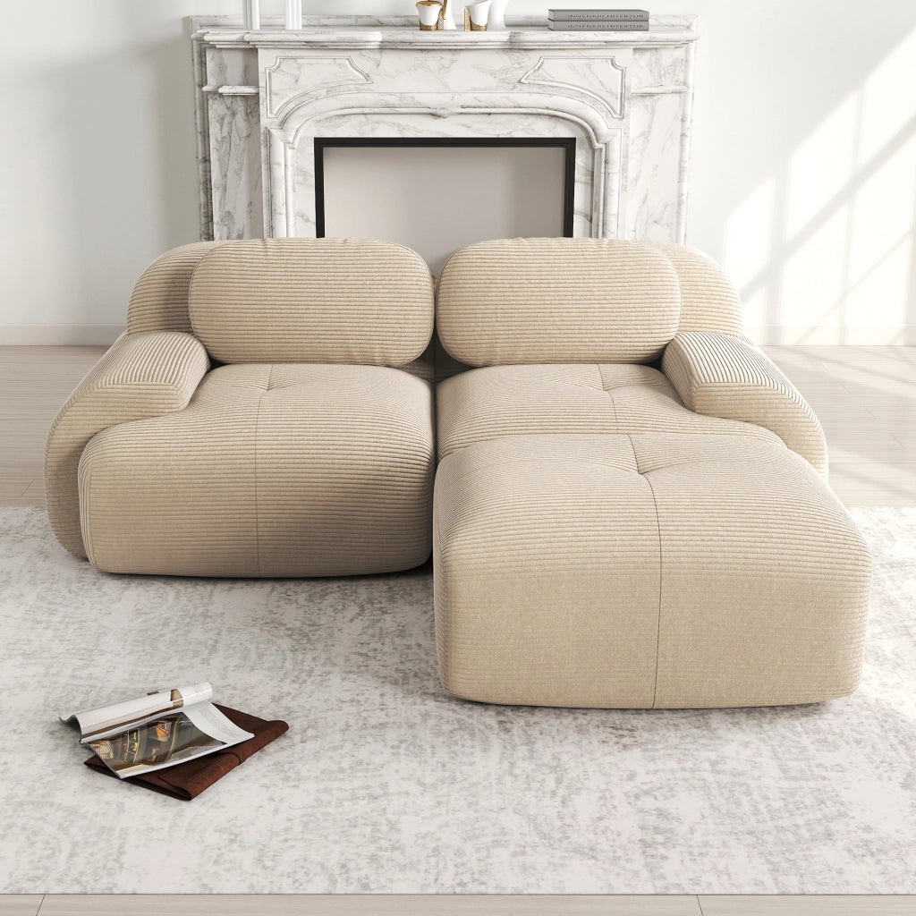 Divano angolare modulare senza montaggio; in schiuma 32D; braccioli curvi; tessuto a coste beige