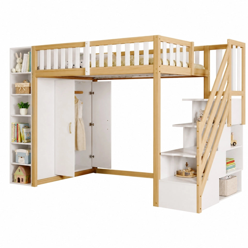 Letto a soppalco 90x200 cm con armadio; scaffali e scala con vani; bianco e legno naturale