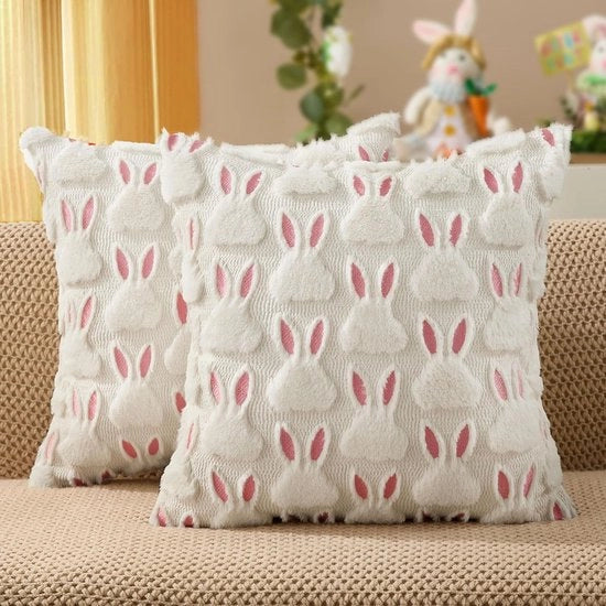 Sfondratura per divano 45 x 45 cm, decorata con orecchie bianche e un coniglio bianco, cuscino di piuma morbida in bontecoperta jacquard per divano da camera, decorazione festiva per la casa, testa di coniglio bianca (inserzione cuscino non inclusa).
