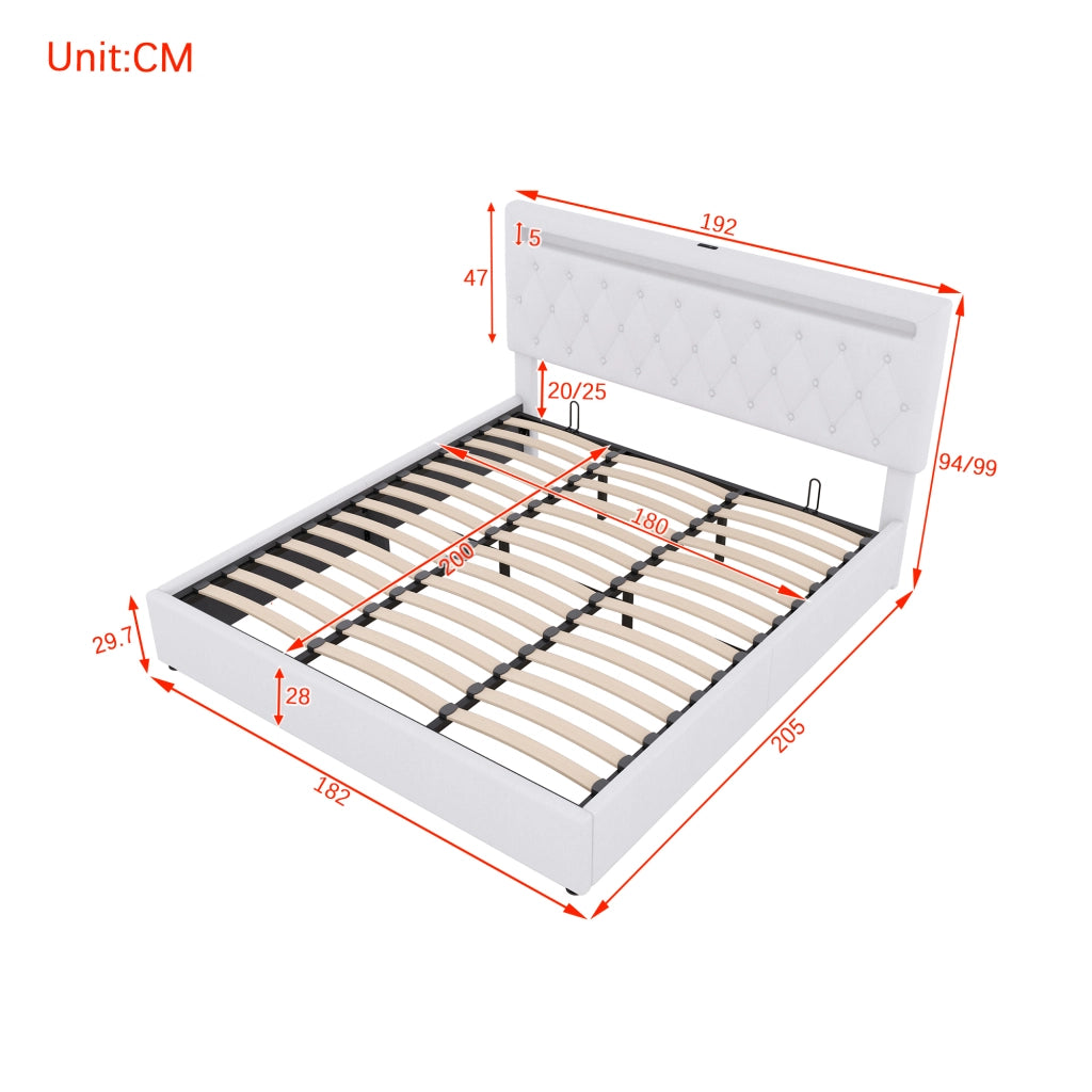Letti contenitori 180x200 cm con sollevamento idraulico; LED USB; lino e MDF; bianco