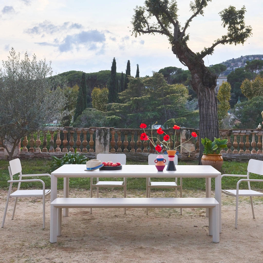 Set tavolo da giardino in alluminio con 1 panchina e 4 sedie, beige
