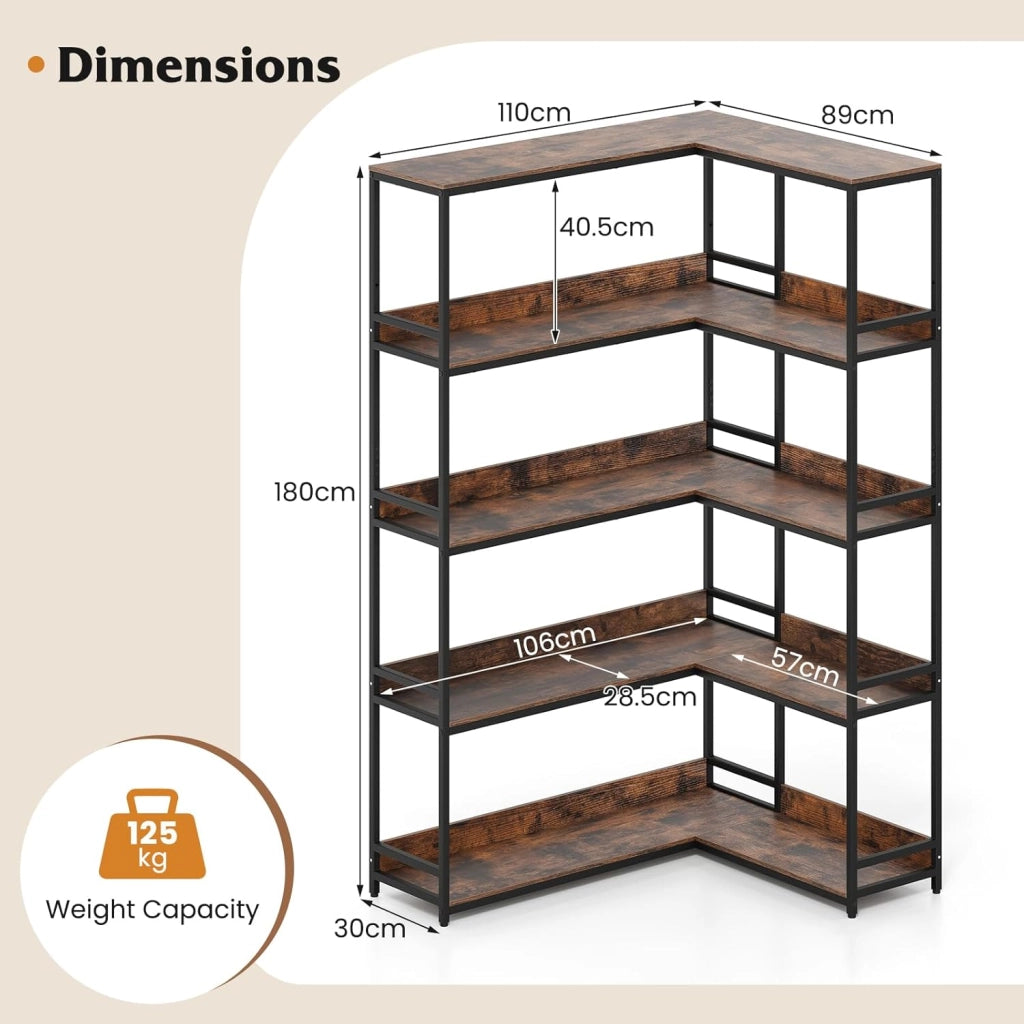 Scaffale multifunzionale a 5 livelli, libreria a forma di L con struttura in metallo resistente, ripiani aperti con bordi rialzati, 110 x 89 x 180 cm, per soggiorno, ufficio