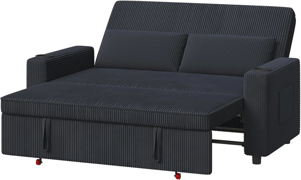 Divano Letto 2 Posti in Velluto Divano Matrimoniale Prontoletto Estraibile con Schienale Regolabile in 5 Posizioni per Soggiorno, Camera da Letto o Ufficio, 69P x 141L x 88H cm, Beige