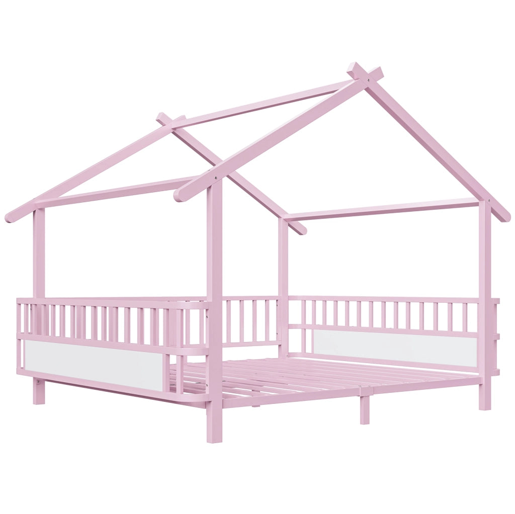 Letto per bambini 140x200 cm con sbarre di sicurezza e tetto in metallo rosa