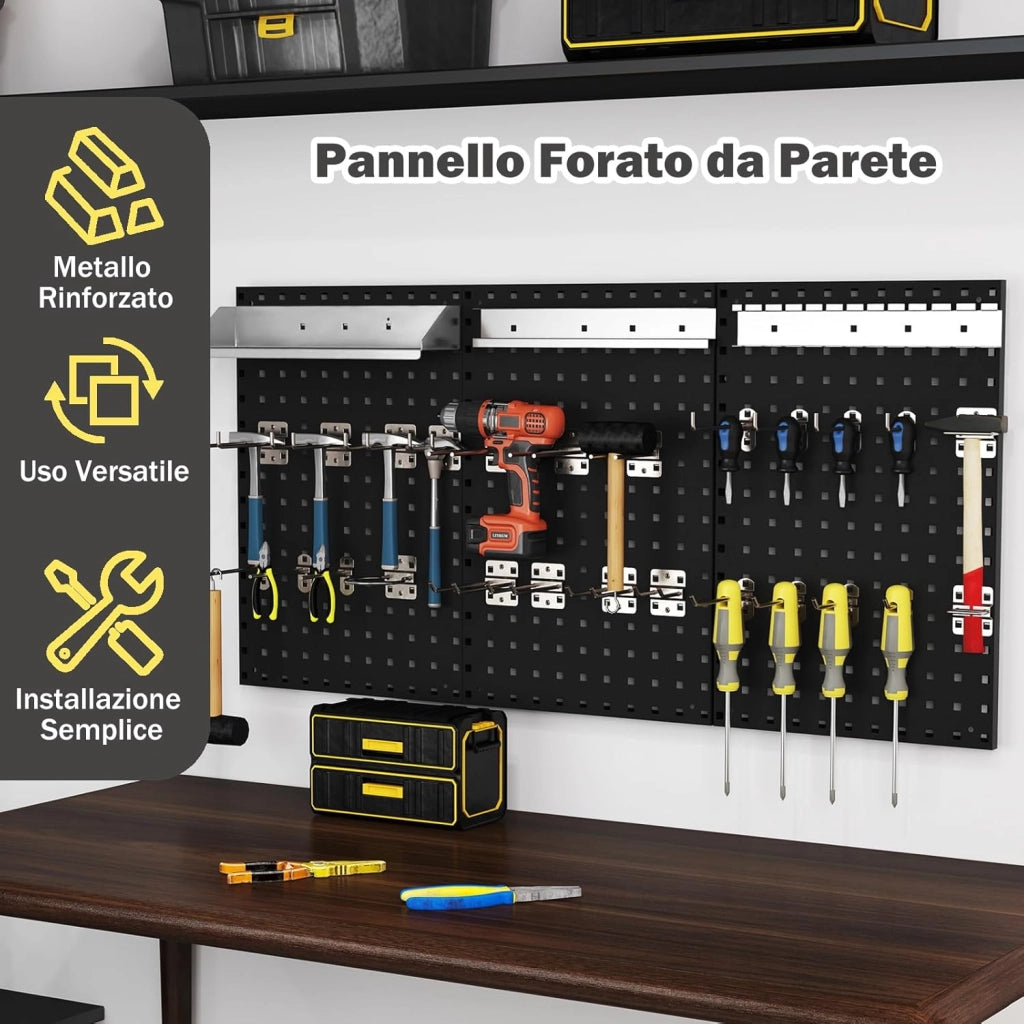 Kit 3 Pannelli Porta Attrezzi da Parete 60 x 40 cm, Pannello Forato Portaoggetti con 24 Ganci e Supporti, Pannello Portautensili per Officina e Garage (Nero)