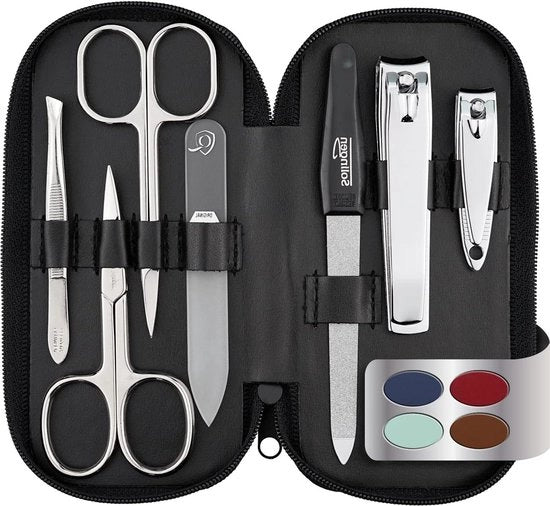 Set di manicure 7 pezzi con lima in vetro brevetato per cura delle mani e dei piedi - custodia in pelle autentica - Solingen Made in Germany
