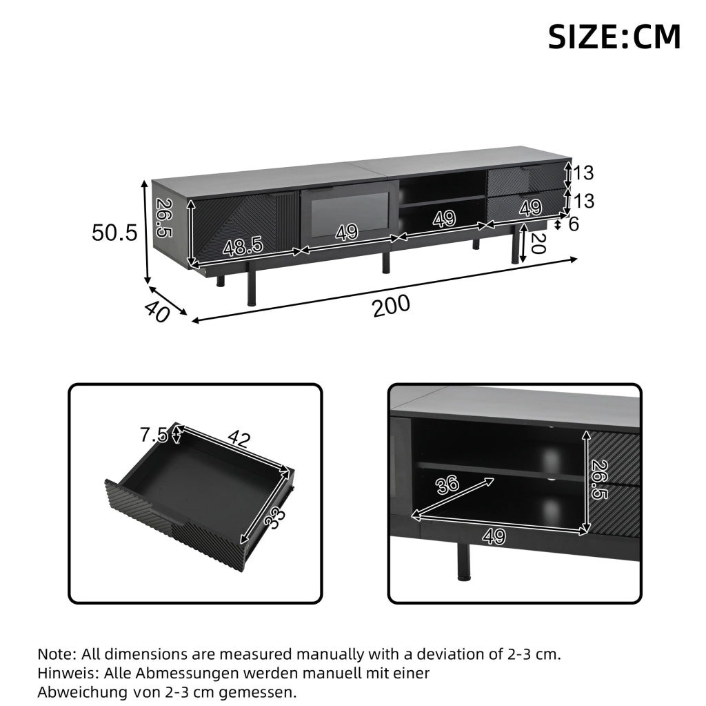Mobile TV nero 200 cm con 2 ante, 2 cassetti e vetro