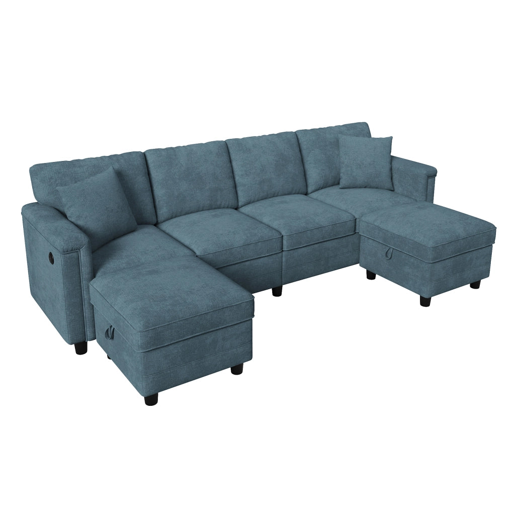 Divano modulare blu in ciniglia 261x134x82 cm con pouf contenitore; USB e Type-C