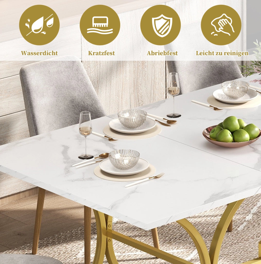 Tavolo da pranzo effetto marmo 200x80 cm bianco e oro