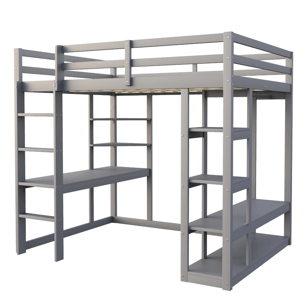 OKWISH Letto a Soppalco 140×200 cm, Letto Matrimoniale con Scrivania, Mensole e Appendiabiti con Aste, senza Materasso, in Legno, Grigio