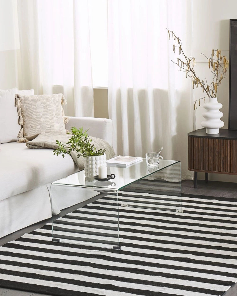 Tappeto tappetino Nero Bianco Tessuto 140 x 200 cm Per Interni Esterni Motivo A Righe Moderno