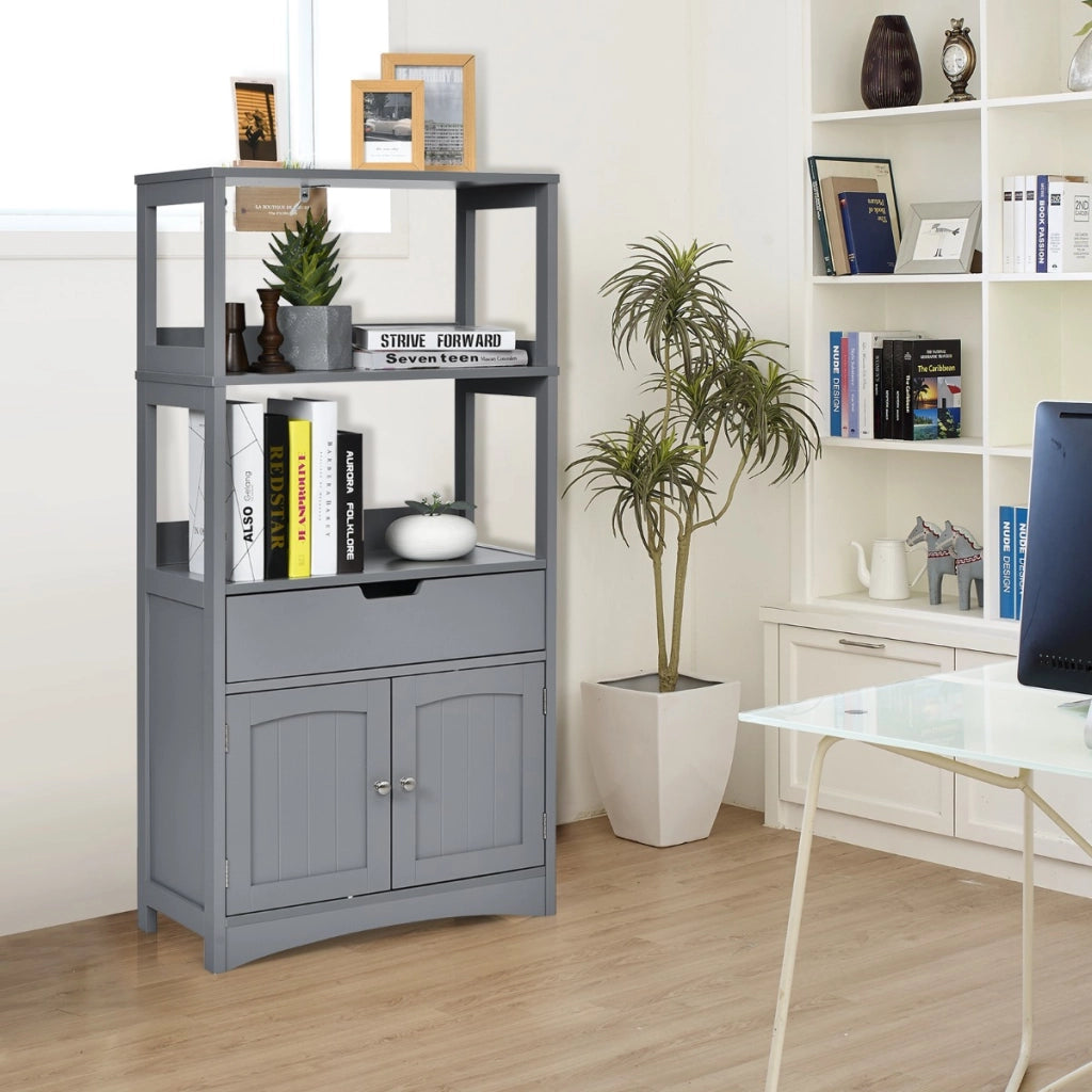 Armadietto in legno da cucina con cassetto e mensola, Armadio con 2 ante multiuso per cucina e soggiono Grigio-Credenze buffet