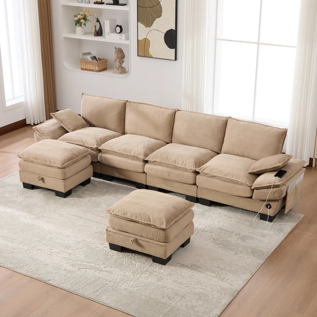 Divano Modulare 4 Posti in Corduroy con USB-C, Tasche Laterali e Pouf, Khaki, 330 × 132 × 84 cm