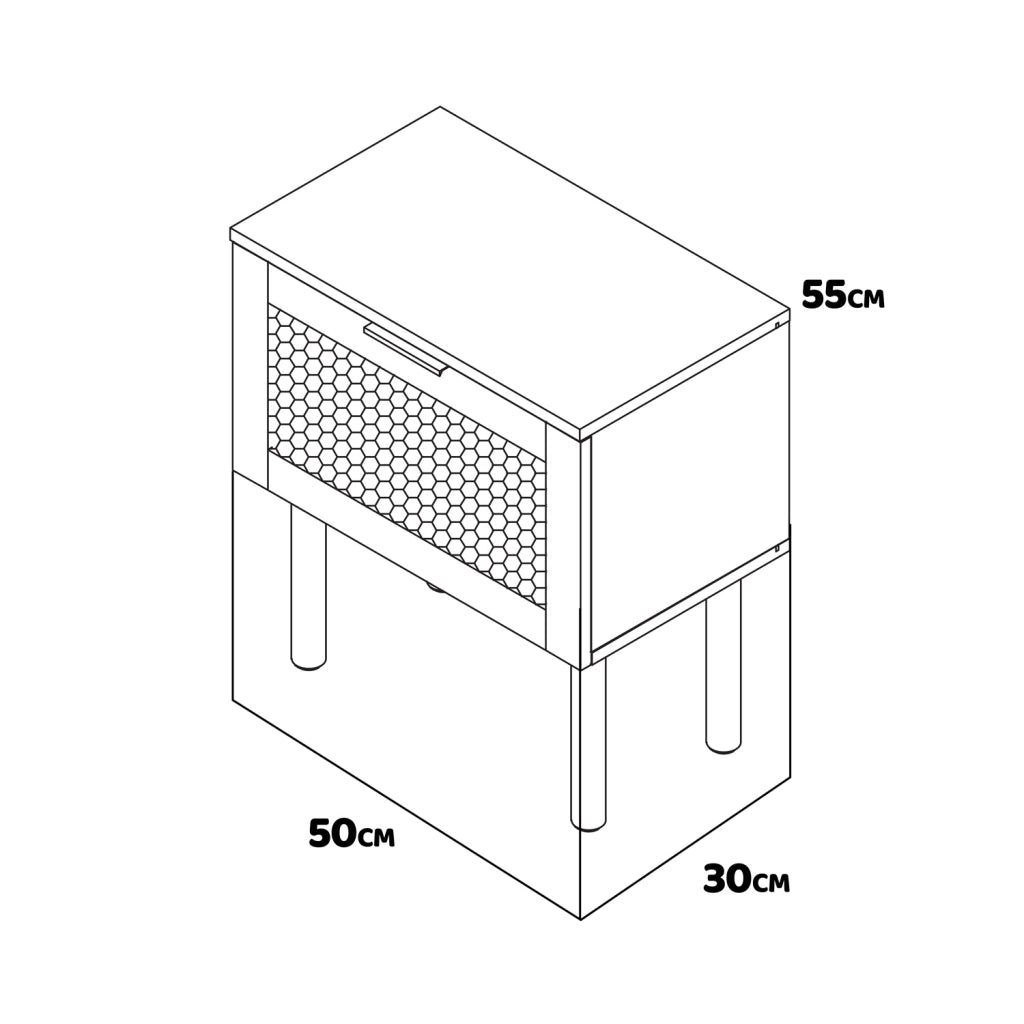 Ikki - Comodino in legno con inserti in rattan, 1 cassetto