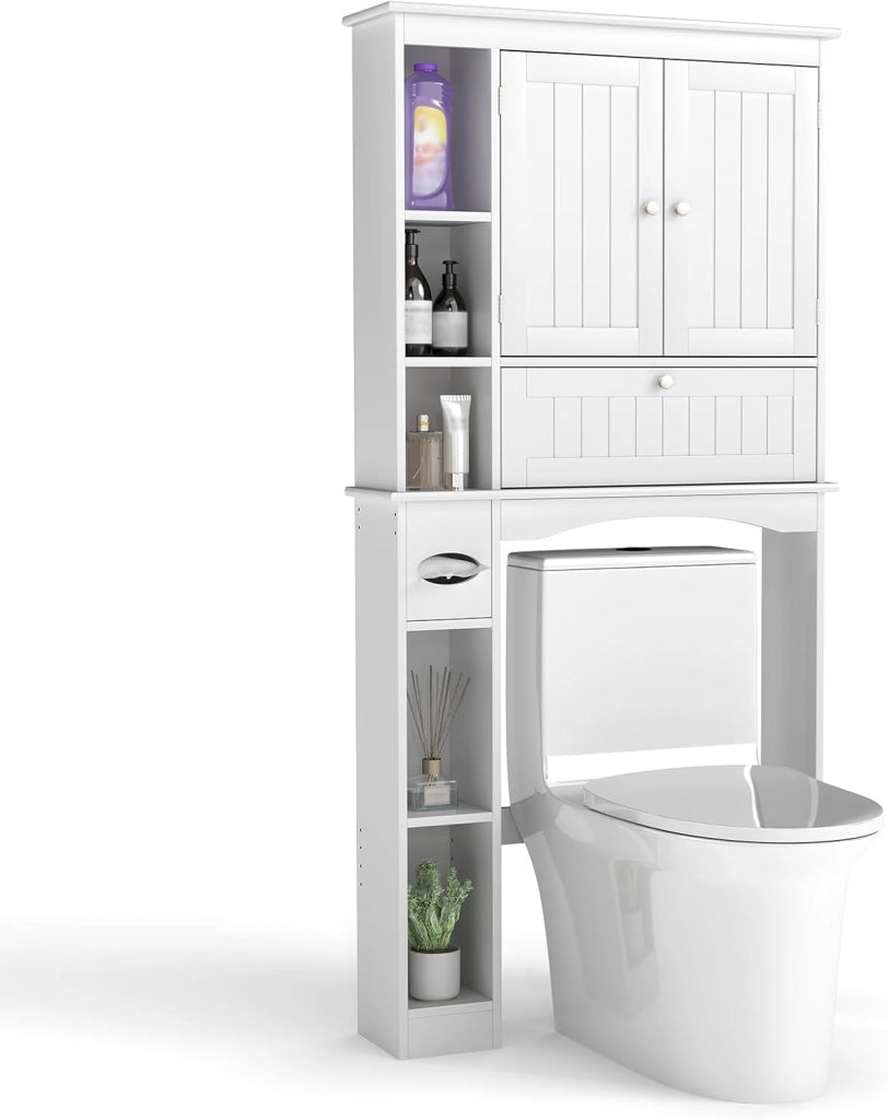 Mobiletto Spora WC 80 x 21 x 165 cm, Scaffale Lavatrice con 2 Ante, Ripiano Regolabile, Barra Inferiore e Porta Carta Igienica, Mobile Portabiancheria per Bagno