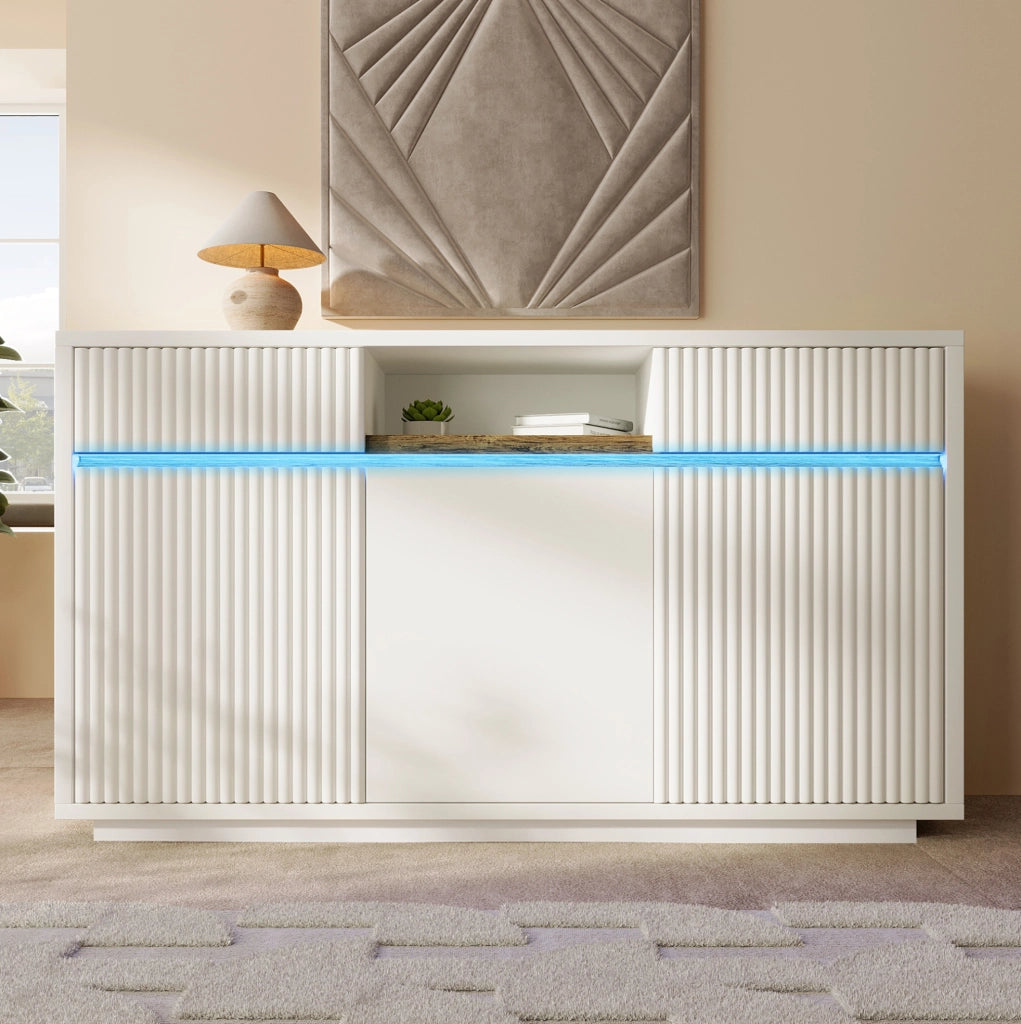 Credenza bianca con LED, 2 cassetti e ripiani regolabili