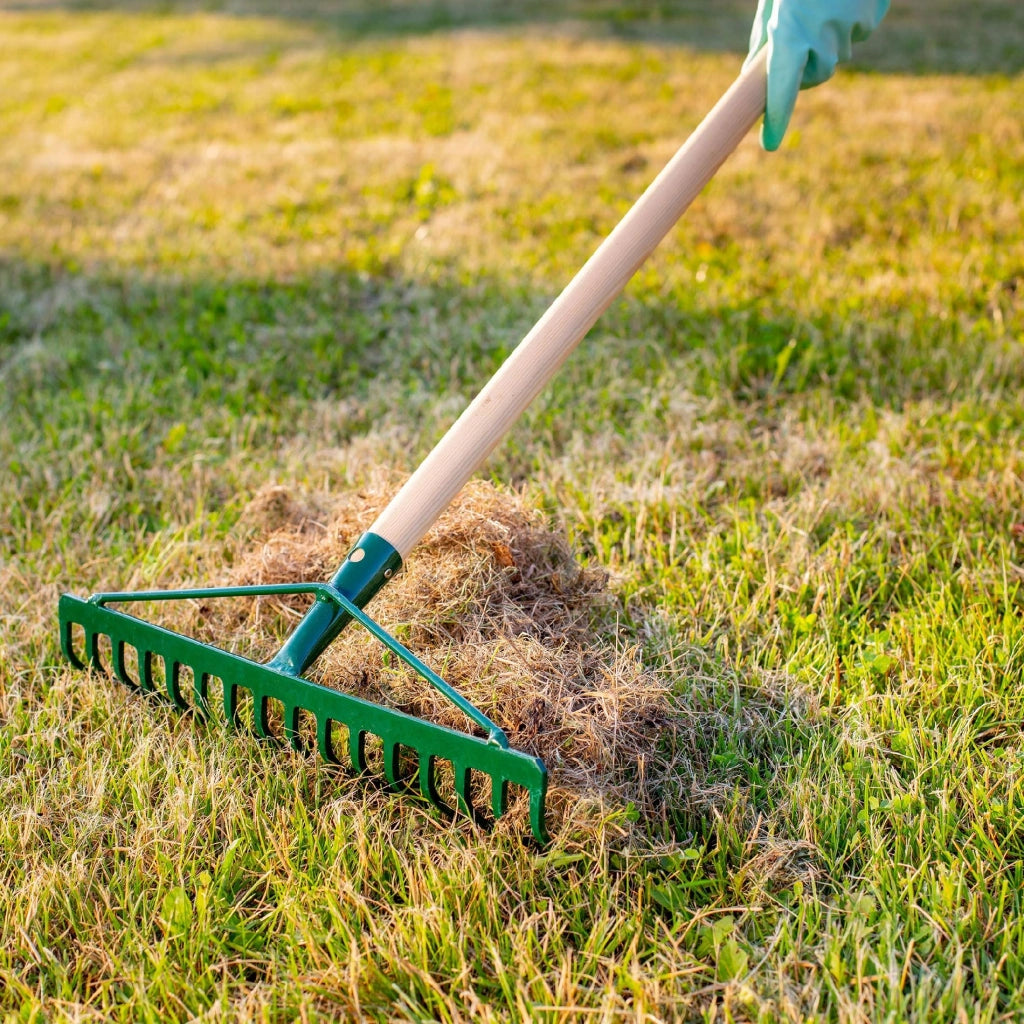 Rastrello per foglie KADAX, per giardino ed erba, con manico in legno, 137 cm, rastrello solido a 16 denti.