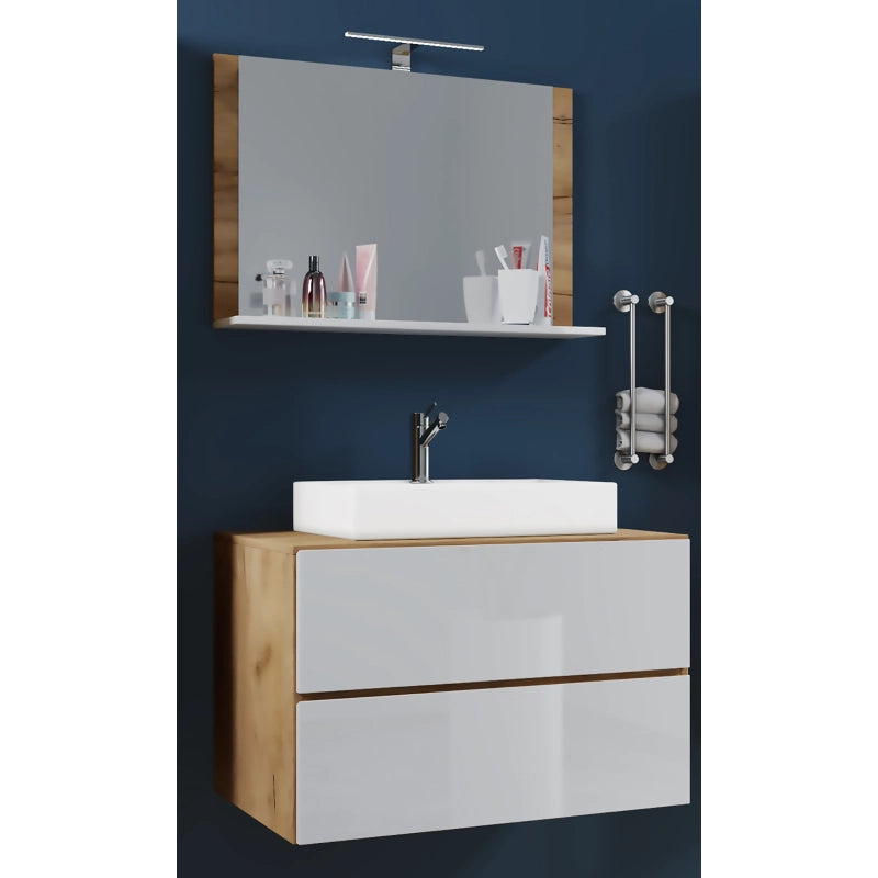 Luce Mobile Sospeso con 2 cassetti Large con lavabo in ceramica di alta qualità e specchio, Rovere/Bianco , lavabo Bianco
