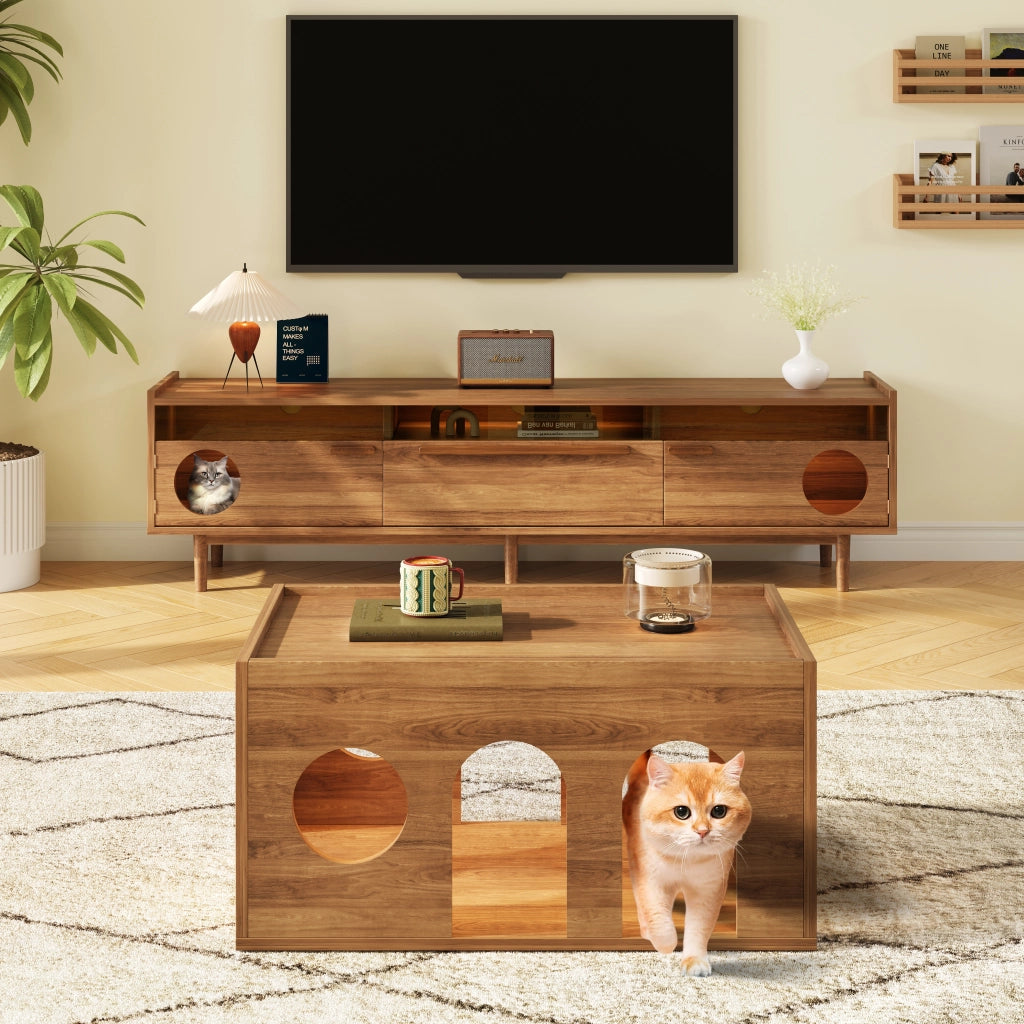 Mobile TV con 2 ante e illuminazione LED; vano per gatti - per soggiorno - 180×40×50 cm - noce