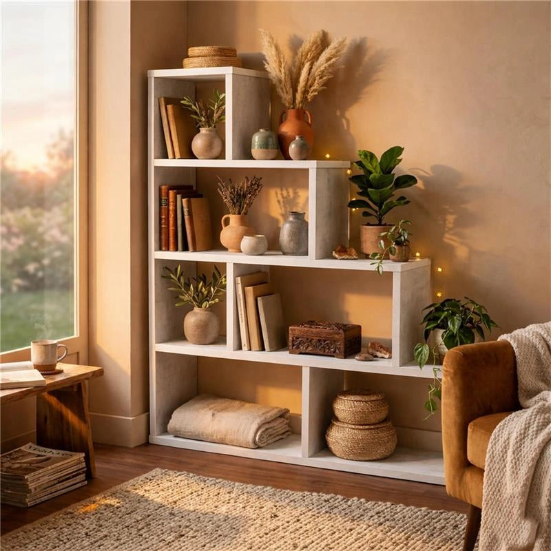 SCAFFALE A LIBRERIA DI DESIGN A SCALA L IN LEGNO DIMENSIONI 144X150X38 CM, COLORE OSSIDO BIANCO