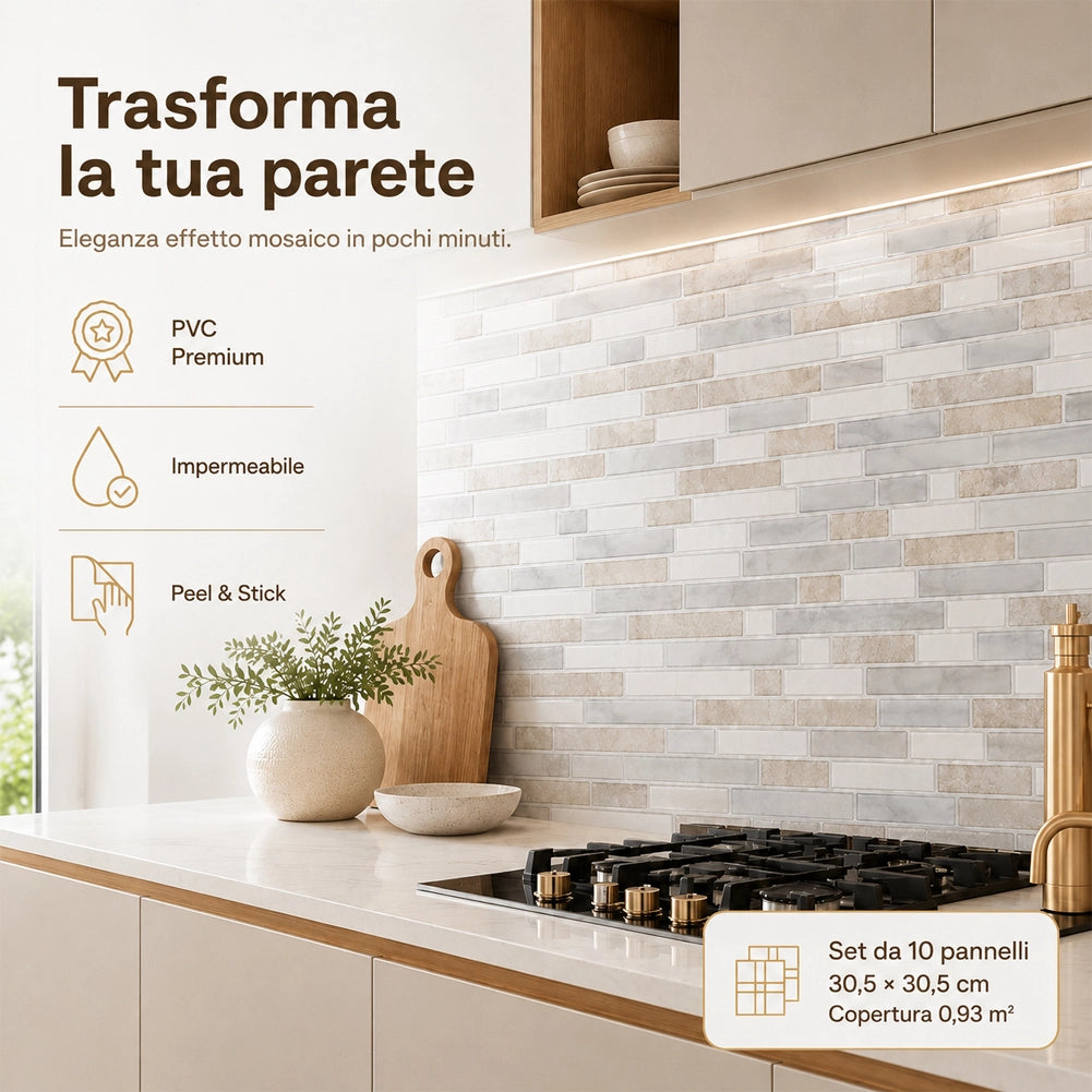 Set 10 Pannelli Adesivi Piastrelle Muro Parete 30.5 cm Decoro Mattoncini Beige