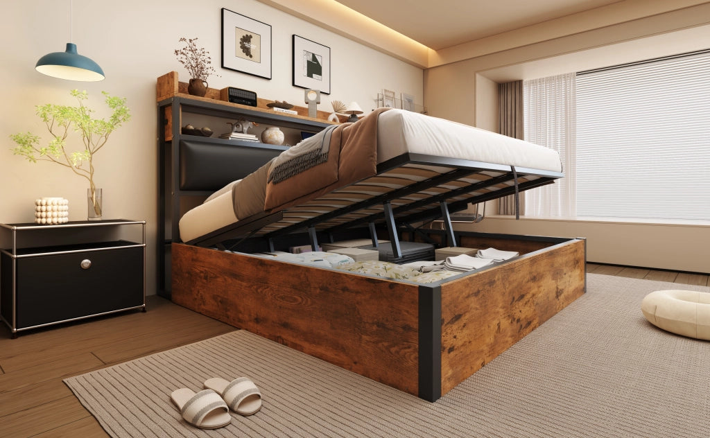 DESMIU Letto contenitore 180 × 200 cm 2 posti con USB e vano, senza materasso, in metallo e legno, nero