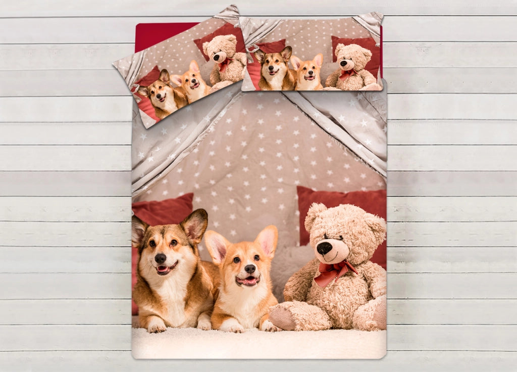 Parure Copripiumino Sacco Piumino Letto 100% Cotone Sogni D'oro Disegno Cani E Orsi Dis. 67 - Singolo - Cani E Orsi