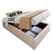 Letto Contenitore 90x190 cm - USB; Type-C e Tasca Laterale - in Lino - Naturale