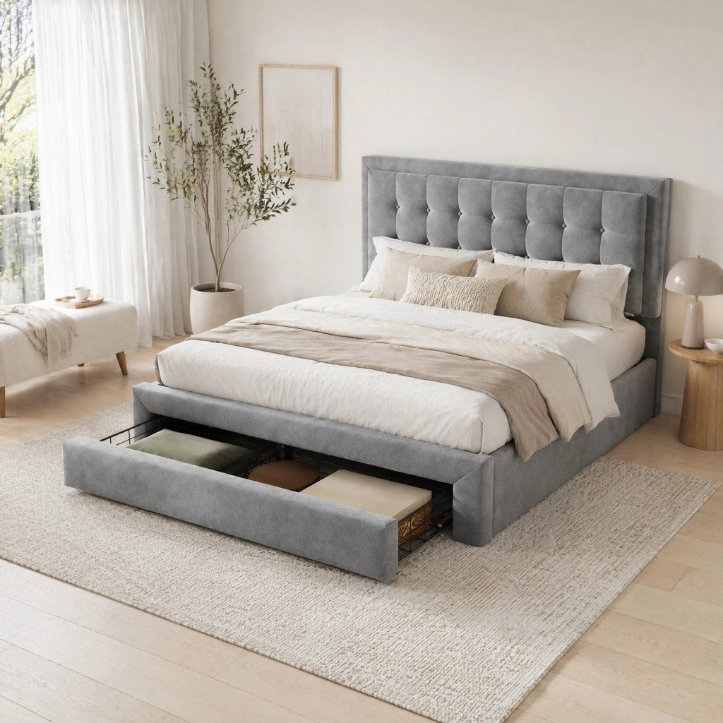 Letto imbottito matrimoniale con contenitore e cassetti, velluto grigio, 140 x 200 cm