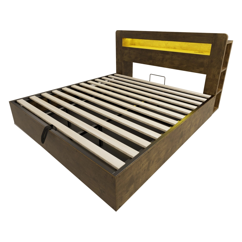 Letto Contenitore Letto Matrimoniale 180x200 cm; LED; Prese e Mensole in Legno