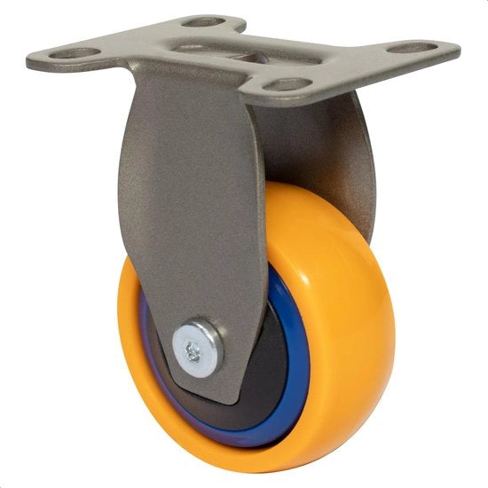 Design 3C - Ruota per bicicletta/apparecchio/trasporto/mobiliere - giallo/blu, cerchio morbido, diametro Ø 50 mm, altezza 75 mm, piatto viti 50 x 60 mm, carico di 50 kg - 01245001