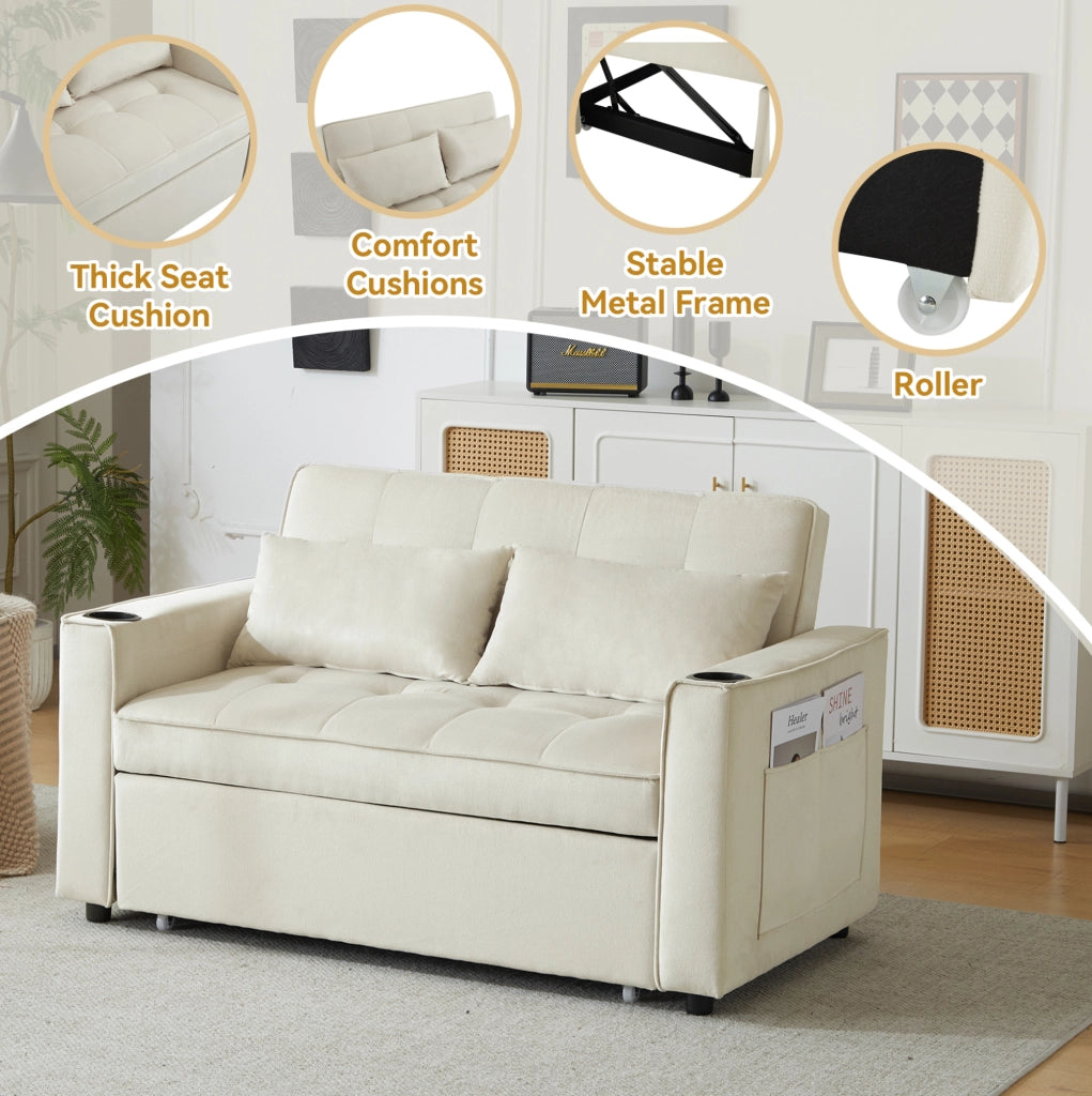 Divano letto pieghevole 2 posti in velluto beige con schienale regolabile e portabevande