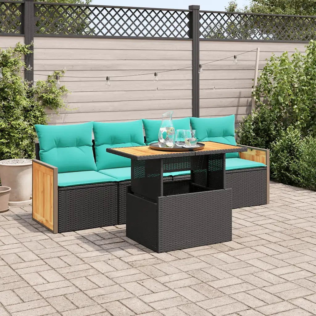 Set Divani da Giardino 5 pz con Cuscini Nero Polyrattan Acacia