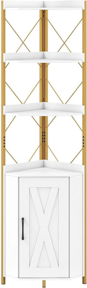 Mensola angolare in piedi con armadio e 6 livelli, 180 cm alto con ripiano regolabile a 5 livelli, vetrina angolare indipendente con porta, scaffale industriale (bianco)