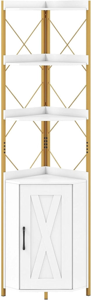 Mensola angolare in piedi con armadio e 6 livelli, 180 cm alto con ripiano regolabile a 5 livelli, vetrina angolare indipendente con porta, scaffale industriale (bianco)