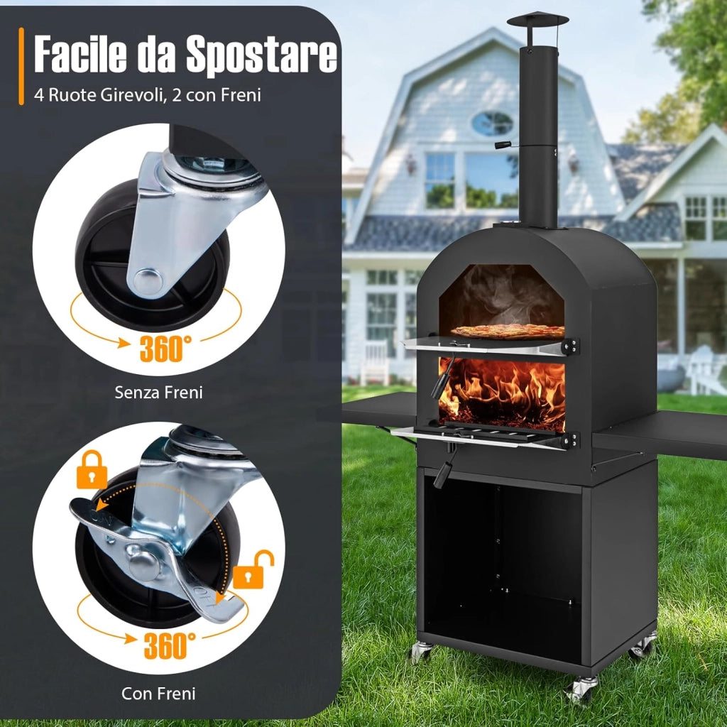 Forno per Pizza da Esterno con Ruote, Forno a Legna per Pizza con Copertura Protettiva, Pala per Pizza, Griglie e Termometro Integrato, per BBQ, Campeggio e Festa (Modello 1)
