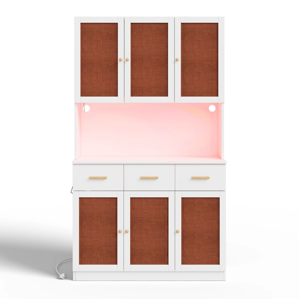 Credenza da cucina con LED e presa elettrica in MDF bianco con ante in tessuto e ripiani regolabili 105 × 43 × 182 cm