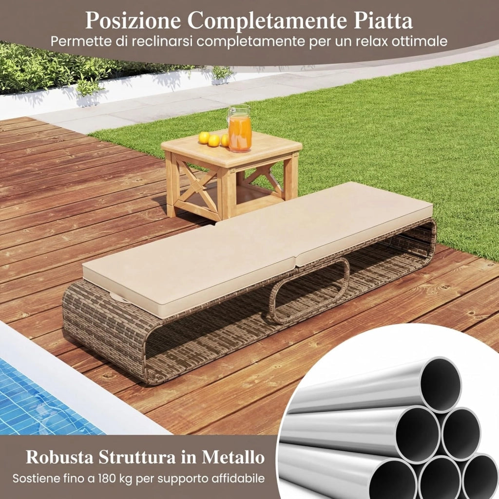 Sedia a Sdraio Imbottita in Rattan PE, Lettino Prendisole con Cuscino Morbido, Spazio di Stoccaggio e Schienale Regolabile a 7 Posizioni, Portata 180 kg, per Piscina e Giardino (2, Marrone)