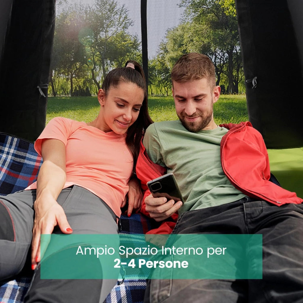Tenda Campeggio Pop Up per 2-4 Persone, Tenda Istantanea Impermeabile con 2 Porte, Tetto Parasole Rimovibile e Finestre in Rete, Borsa da Trasporto, per Escursioni, Campeggio e Spiaggia