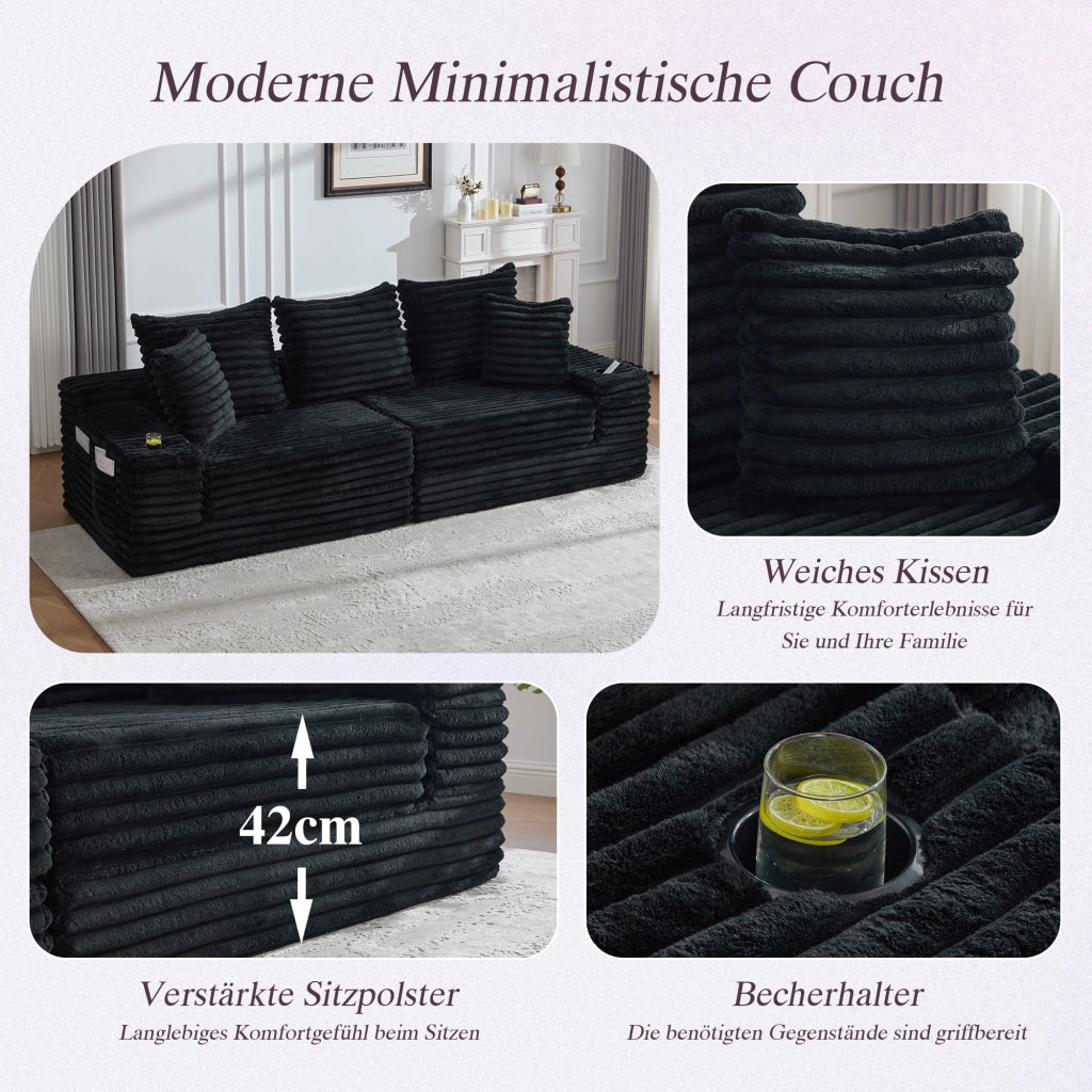 Divano letto modulare in tessuto effetto velluto con schienale alto, tasche laterali e portabicchieri nero