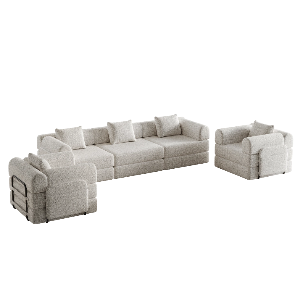 Divano letto in chenille khaki con vano contenitore nel bracciolo e struttura in acciaio