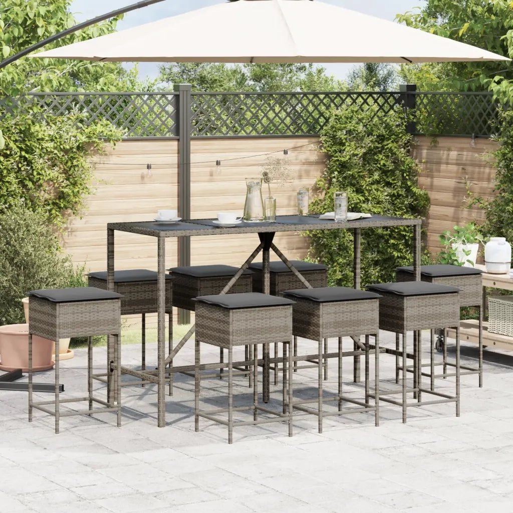 Set Bar da Giardino 9 pz con Cuscini in Polyrattan Grigio