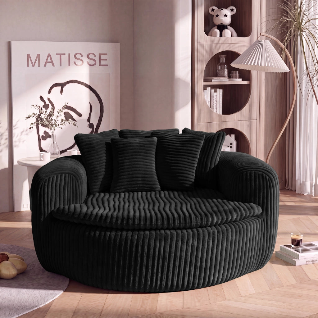 Poltrona lounge 145x133x59 cm con 5 cuscini in velluto a coste nero